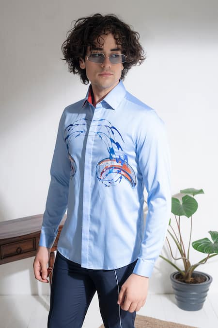 Abkasa Blue Cotton Embroidery Brushed Shirt Online at Aza Fashions Abkasa_Blue Cotton Embroidery Brushed Shirt _Online_at_Aza_Fashions