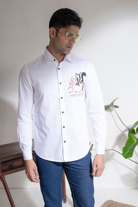 Abkasa_White Cotton Embroidery Toons Shirt _Online_at_Aza_Fashions