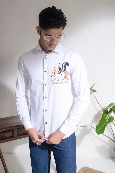 Buy_Abkasa_White Cotton Embroidery Toons Shirt _Online_at_Aza_Fashions