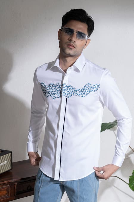 Abkasa White Cotton Embroidery Hound Shirt Online at Aza Fashions Abkasa_White Cotton Embroidery Hound Shirt _Online_at_Aza_Fashions