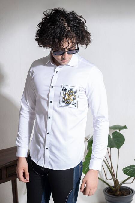 Abkasa_White 100% Cotton Embroidered King Patchwork Shirt _Online_at_Aza_Fashions