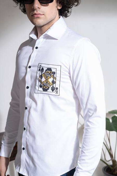 Buy_Abkasa_White 100% Cotton Embroidered King Patchwork Shirt _Online_at_Aza_Fashions