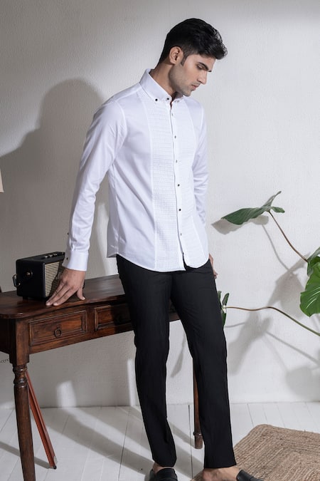 Abkasa White Cotton Vendee Shirt Online at Aza Fashions Abkasa_White Cotton Vendee Shirt _Online_at_Aza_Fashions