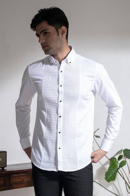 Shop Abkasa White Cotton Vendee Shirt Online at Aza Fashions Shop_Abkasa_White Cotton Vendee Shirt _Online_at_Aza_Fashions