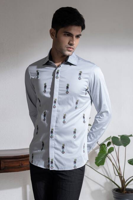 Abkasa Grey Cotton Embroidery Alien Shirt Online at Aza Fashions Abkasa_Grey Cotton Embroidery Alien Shirt _Online_at_Aza_Fashions