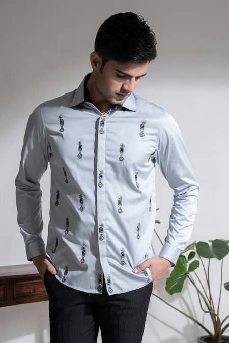 Buy Abkasa Grey Cotton Embroidery Alien Shirt Online at Aza Fashions Buy_Abkasa_Grey Cotton Embroidery Alien Shirt _Online_at_Aza_Fashions