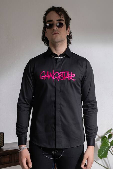 Abkasa_Black Cotton Embroidery Gangster Shirt _Online_at_Aza_Fashions