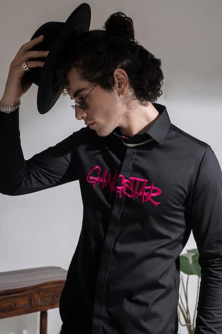 Buy_Abkasa_Black Cotton Embroidery Gangster Shirt _Online_at_Aza_Fashions