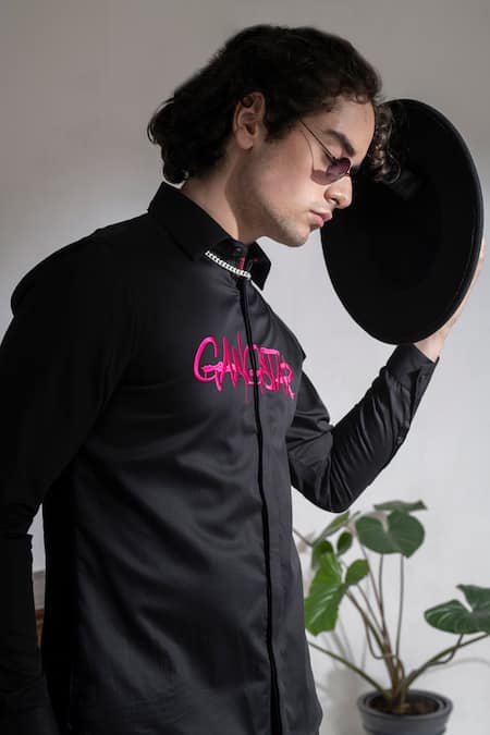 Shop_Abkasa_Black Cotton Embroidery Gangster Shirt _Online_at_Aza_Fashions