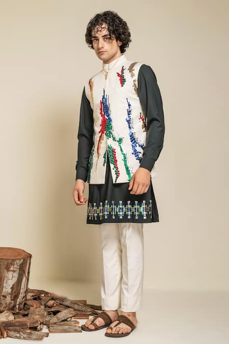 Abkasa Ivory Terrycloth Sequins, Embroidery Bundi Kurta Set Online at Aza Fashions Abkasa_Ivory Terrycloth Sequins, Embroidery Bundi Kurta Set _Online_at_Aza_Fashions