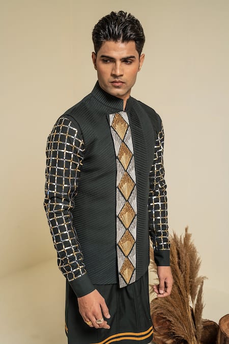 Buy_Abkasa_Green Terrycloth Sequins Forest Embroidered Bundi And Kurta Set _Online_at_Aza_Fashions