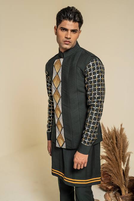 Shop_Abkasa_Green Terrycloth Sequins Forest Embroidered Bundi And Kurta Set _Online_at_Aza_Fashions