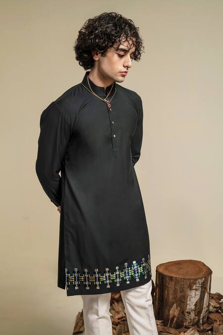 Buy Abkasa Green Kurta Terry Rayon Hand Embroidered Border And Pyjama Set Online at Aza Fashions Buy_Abkasa_Green Kurta Terry Rayon Hand Embroidered Border And Pyjama Set _Online_at_Aza_Fashions
