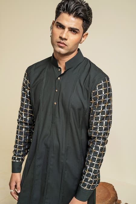 Buy Abkasa Green Terry Rayon Hand Embroidered Metallic Geometric Pattern Kurta Set Online at Aza Fashions Buy_Abkasa_Green Terry Rayon Hand Embroidered Metallic Geometric Pattern Kurta Set _Online_at_Aza_Fashions