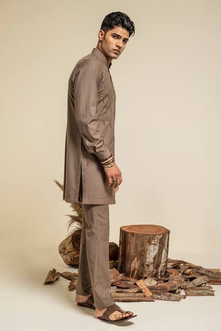 Abkasa Brown Terry Rayon Embroidered Beads Kurta And Trouser Set Online at Aza Fashions Abkasa_Brown Terry Rayon Embroidered Beads Kurta And Trouser Set _Online_at_Aza_Fashions