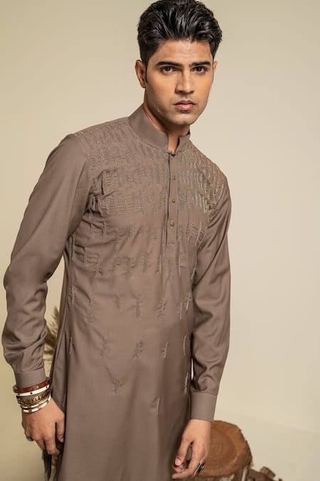 Shop Abkasa Brown Terry Rayon Embroidered Beads Kurta And Trouser Set Online at Aza Fashions Shop_Abkasa_Brown Terry Rayon Embroidered Beads Kurta And Trouser Set _Online_at_Aza_Fashions