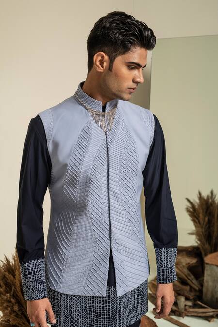 Abkasa_Blue Terrycloth Embroidery Pintuck Bundi Kurta Set _Online_at_Aza_Fashions