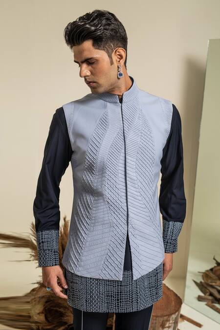 Buy_Abkasa_Blue Terrycloth Embroidery Pintuck Bundi Kurta Set _Online_at_Aza_Fashions