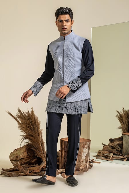 Shop_Abkasa_Blue Terrycloth Embroidery Pintuck Bundi Kurta Set _Online_at_Aza_Fashions