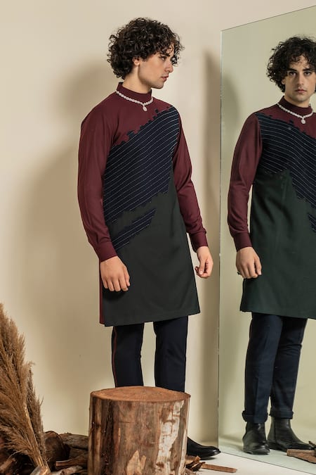 Abkasa Maroon Terry Rayon Embroidered Beads Color Blocked Kurta And Trouser Set Online at Aza Fashions Abkasa_Maroon Terry Rayon Embroidered Beads Color Blocked Kurta And Trouser Set _Online_at_Aza_Fashions