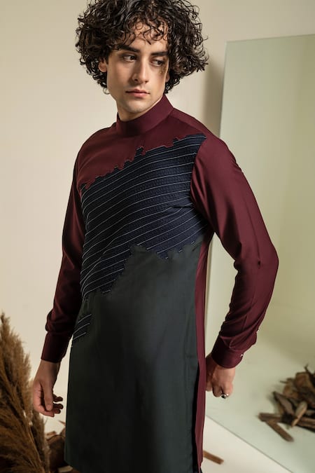 Shop Abkasa Maroon Terry Rayon Embroidered Beads Color Blocked Kurta And Trouser Set Online at Aza Fashions Shop_Abkasa_Maroon Terry Rayon Embroidered Beads Color Blocked Kurta And Trouser Set _Online_at_Aza_Fashions
