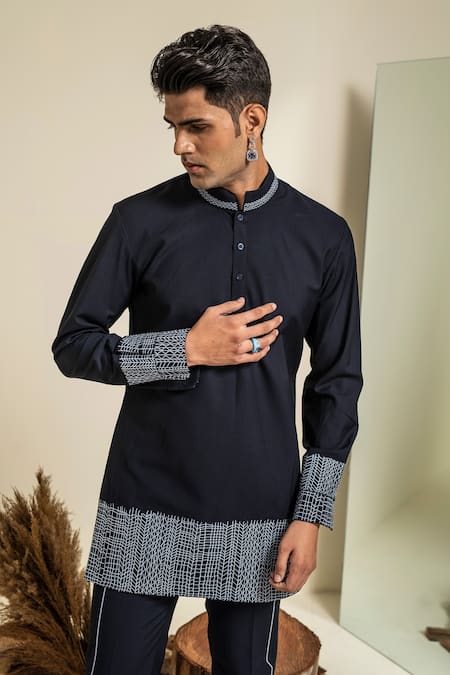 Shop Abkasa Blue Terry Rayon Embroidered Mesh Hem Kurta And Trouser Set Online at Aza Fashions Shop_Abkasa_Blue Terry Rayon Embroidered Mesh Hem Kurta And Trouser Set _Online_at_Aza_Fashions