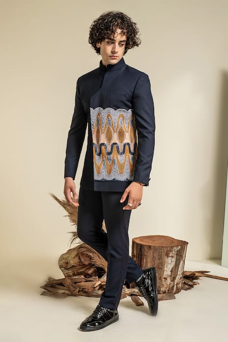 Abkasa Blue Terrycloth Embroidery Gibraltar Asymmetric Bandhgala And Trouser Set Online at Aza Fashions Abkasa_Blue Terrycloth Embroidery Gibraltar Asymmetric Bandhgala And Trouser Set _Online_at_Aza_Fashions