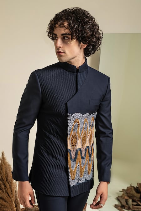 Buy Abkasa Blue Terrycloth Embroidery Gibraltar Asymmetric Bandhgala And Trouser Set Online at Aza Fashions Buy_Abkasa_Blue Terrycloth Embroidery Gibraltar Asymmetric Bandhgala And Trouser Set _Online_at_Aza_Fashions