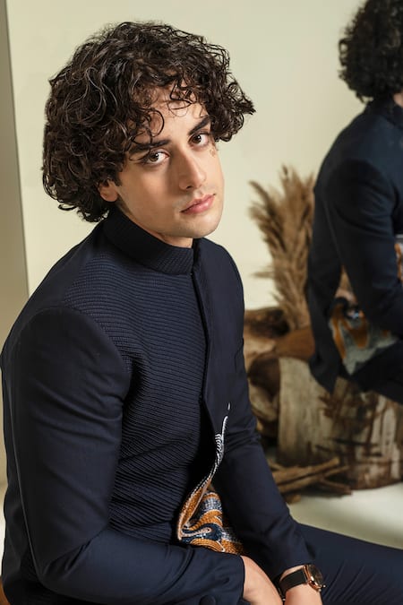 Abkasa Blue Terrycloth Embroidery Gibraltar Asymmetric Bandhgala And Trouser Set at Aza Fashions Abkasa_Blue Terrycloth Embroidery Gibraltar Asymmetric Bandhgala And Trouser Set _at_Aza_Fashions