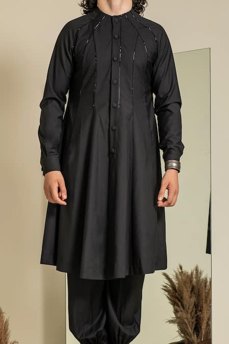 Abkasa_Black Terrycloth Beads Hand Embroidered Kurta And Trouser Set _Online_at_Aza_Fashions