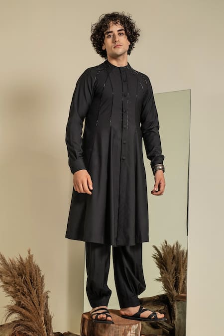 Buy_Abkasa_Black Terrycloth Beads Hand Embroidered Kurta And Trouser Set _Online_at_Aza_Fashions
