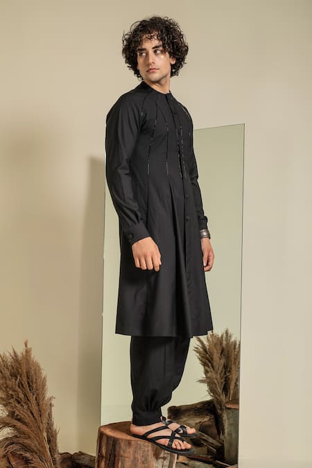Shop_Abkasa_Black Terrycloth Beads Hand Embroidered Kurta And Trouser Set _Online_at_Aza_Fashions