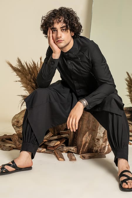 Abkasa_Black Terrycloth Beads Hand Embroidered Kurta And Trouser Set _at_Aza_Fashions