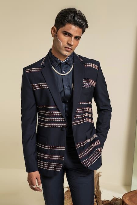 Shop Abkasa Blue Terry Rayon Embroidery Anchor Thread Apple Coat And Trouser Set Online at Aza Fashions Shop_Abkasa_Blue Terry Rayon Embroidery Anchor Thread Apple Coat And Trouser Set _Online_at_Aza_Fashions