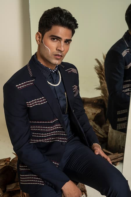 Abkasa Blue Terry Rayon Embroidery Anchor Thread Apple Coat And Trouser Set at Aza Fashions Abkasa_Blue Terry Rayon Embroidery Anchor Thread Apple Coat And Trouser Set _at_Aza_Fashions