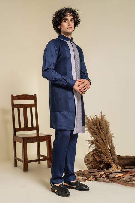 Buy Abkasa Blue 100% Cotton Modal Silk Solid Asymmetric Paneled Kurta And Pyjama Set Online at Aza Fashions Buy_Abkasa_Blue 100% Cotton Modal Silk Solid Asymmetric Paneled Kurta And Pyjama Set _Online_at_Aza_Fashions