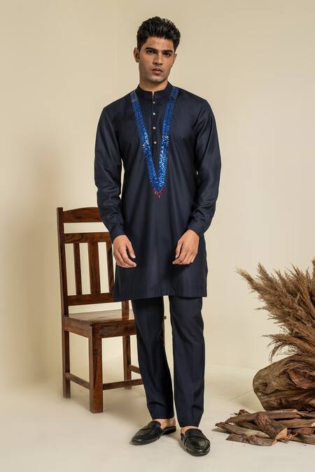Abkasa Blue Terry Rayon Embroidered Sequins Kurta And Trouser Set Online at Aza Fashions Abkasa_Blue Terry Rayon Embroidered Sequins Kurta And Trouser Set _Online_at_Aza_Fashions