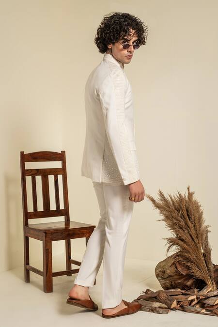 Abkasa Ivory Terrycloth Embroidery Aleppo Geometric Bandhgala And Trouser Set Online at Aza Fashions Abkasa_Ivory Terrycloth Embroidery Aleppo Geometric Bandhgala And Trouser Set _Online_at_Aza_Fashions