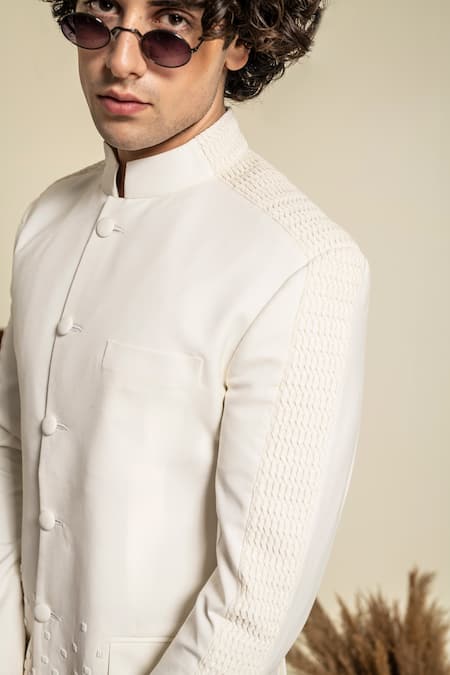 Shop Abkasa Ivory Terrycloth Embroidery Aleppo Geometric Bandhgala And Trouser Set Online at Aza Fashions Shop_Abkasa_Ivory Terrycloth Embroidery Aleppo Geometric Bandhgala And Trouser Set _Online_at_Aza_Fashions