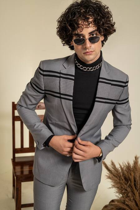 Buy_Abkasa_Grey Terrycloth Plymouth Pintucks Coat And Trouser Set _Online_at_Aza_Fashions