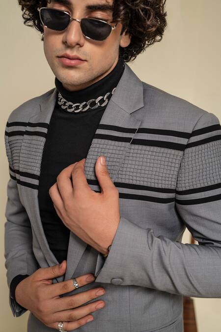 Shop_Abkasa_Grey Terrycloth Plymouth Pintucks Coat And Trouser Set _Online_at_Aza_Fashions