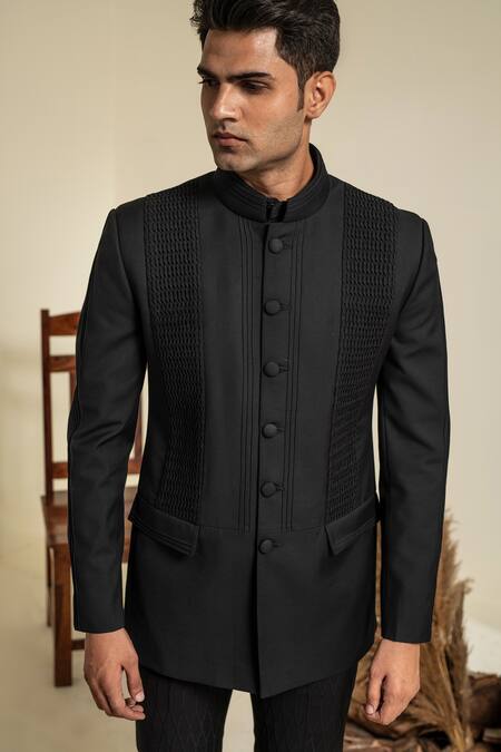 Abkasa Black Terrycloth Windsor Pintucks Bandhgala And Trouser Set Online at Aza Fashions Abkasa_Black Terrycloth Windsor Pintucks Bandhgala And Trouser Set _Online_at_Aza_Fashions