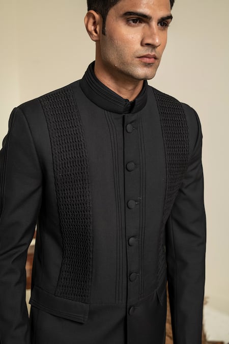 Shop Abkasa Black Terrycloth Windsor Pintucks Bandhgala And Trouser Set Online at Aza Fashions Shop_Abkasa_Black Terrycloth Windsor Pintucks Bandhgala And Trouser Set _Online_at_Aza_Fashions