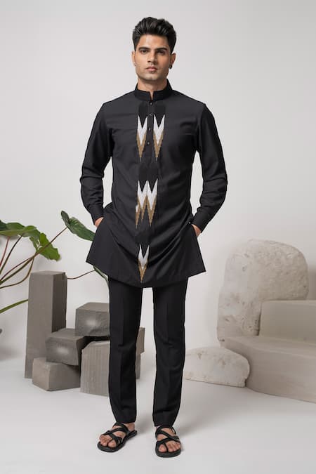Abkasa_Black Terry Rayon Embroidered Beads Kurta And Trouser Set  _Online_at_Aza_Fashions