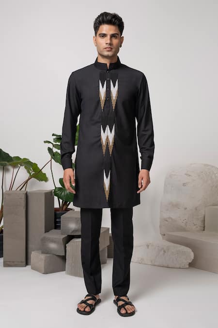Buy_Abkasa_Black Terry Rayon Embroidered Beads Kurta And Trouser Set  _Online_at_Aza_Fashions
