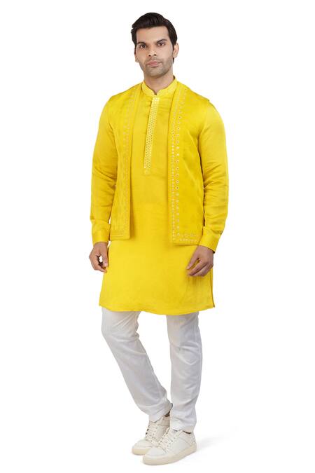 Buy_Nitesh Singh Chauhan_Yellow Linen Satin And Art Silk Mirror Work Embroidered Bundi & Kurta Set _Online_at_Aza_Fashions