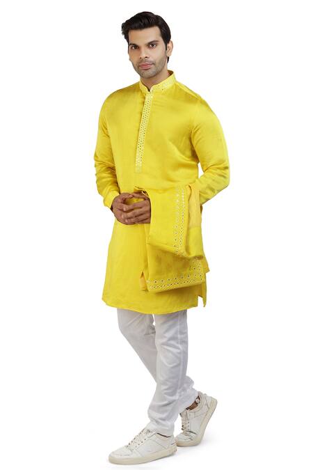 Shop_Nitesh Singh Chauhan_Yellow Linen Satin And Art Silk Mirror Work Embroidered Bundi & Kurta Set _Online_at_Aza_Fashions