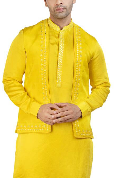 Nitesh Singh Chauhan_Yellow Linen Satin And Art Silk Mirror Work Embroidered Bundi & Kurta Set _at_Aza_Fashions