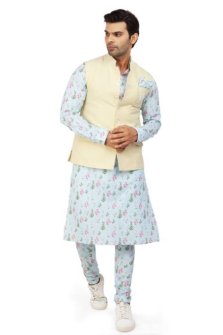 Buy_Nitesh Singh Chauhan_Beige Linen And Silk Floral Motifs Bundi With Print Kurta Set _Online_at_Aza_Fashions