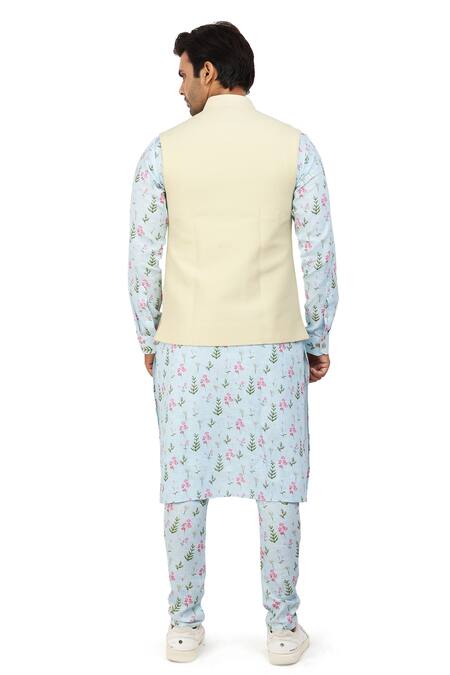 Nitesh Singh Chauhan_Beige Linen And Silk Floral Motifs Bundi With Print Kurta Set _Online_at_Aza_Fashions